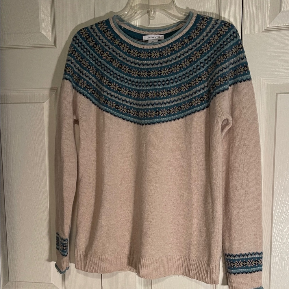 Beige and Blue Patterned Fair Isle Wool Sweater